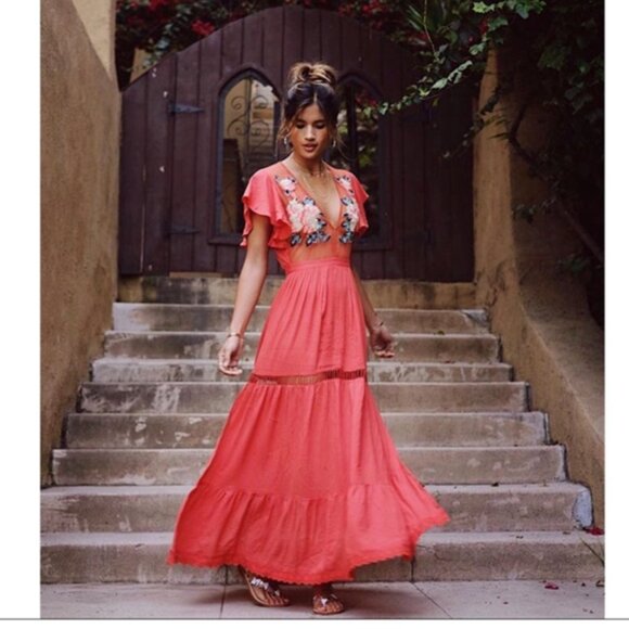Cleobella Amery Maxi Coral Embroidery Dress Medium - Picture 1 of 16